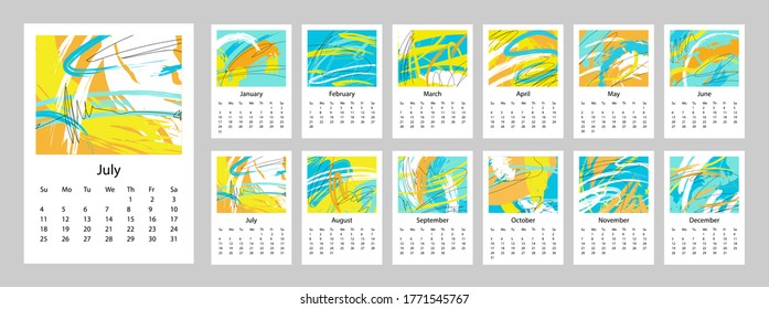 2021 Calendario de diseño de 12 meses. La semana 2021 comienza el domingo.  Formato vertical A4 o A3. Planificador de negocios. Diseño estacional.  Resumen de ilustración vectorial de estilo artístico libre. 