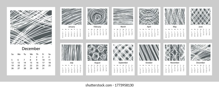 2021 Calendar design set of 12 months. 2021 Week starts on Sunday. Vertical Template A4 or A3 format. Business planner Calendar. Stationery design. Abstract artistic free doodle lines style vector.