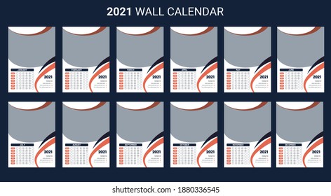 2021 calendar design. Set of 12 months. Monthly Wall Calendar 2021. 2021 calendar planner set for template corporate design week start on Monday.