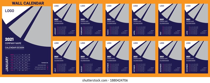 2021 calendar design. Set of 12 months. Monthly Wall Calendar 2021. 2021 calendar planner set for template corporate design week start on Monday.