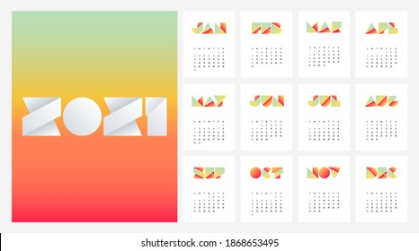 2021 calendar design template week starts on Sunday decorative with gradient typography, vector illustration