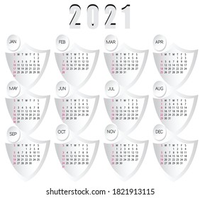 2021 Vector de diseño del calendario 12 meses diseño de una página