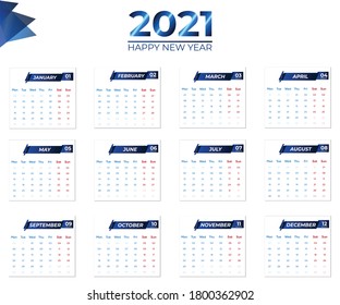 2021 Calendar design vector. Modern and stylish calendar. Wall calendar design vector template,2021 year calendar with national flag. Month, day, week. Colorful palette, trendy, simply