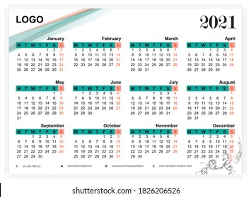 2021 Calendar design vector template 12 month one page calendar design