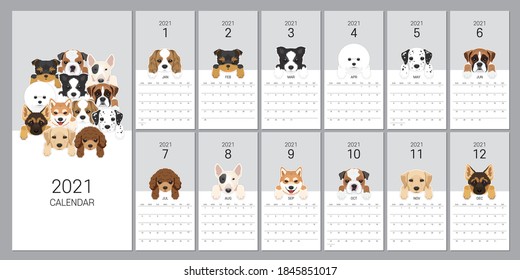 The 2021 calendar with dog breeds for pet lovers. Vector Editable Template Minimum, Sketch, Drawing Vector 12 Dogs Illustration.