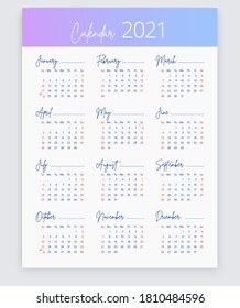 2021 calendar in english. Vertical web, poster, banner, card. Week starts on Sunday. Vector editable template. 