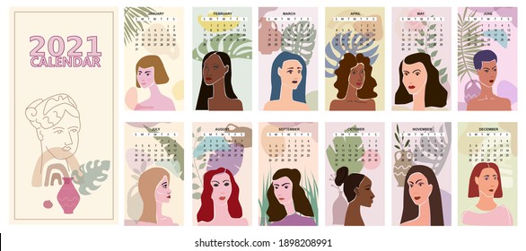2021 Calendar Faces Woman portraites minimal abstract contemporary style. Set Female portraites minimal abstract contemporary style, flora leaves shapes. Fashion portraites art modern trendy style