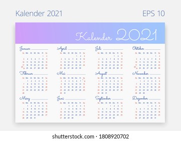 2021 calendar in german. Week starts on Sunday. Vector editable template. Horizontal web, poster, banner