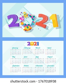2021 calendar and greeting card. Huge Christmas Tree. Boxes with gifts, garland hangs. Flashes of fireworks, confetti. Greeting card for Christmas and New Year. Trending flat design illustration.