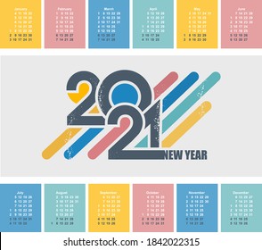 2021 Calendar grid in english, typography from numbers of the year in retro style, horizontal vector illustration