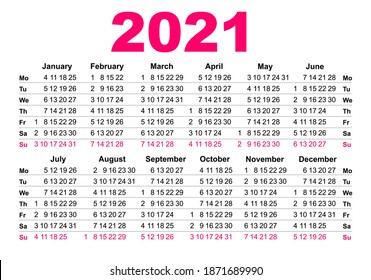 2021 calendar grid first day monday. Wall or desk year calendar template. Isolated on white vector illustration
