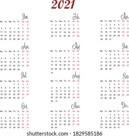 
2021 calendar grid template. All days.