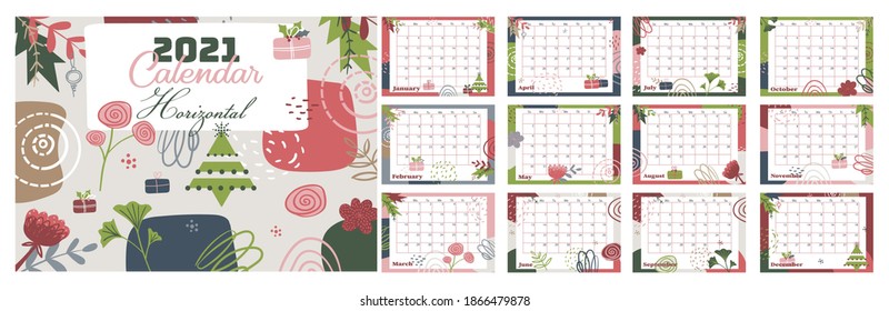 2021 Calendar Horizontal with abstract background. Printable Monthly planner with geometric pattern. Week is started from Sunday. Schedule for month. 