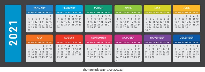 2021 calendar. Horizontal calendar template on dark background. Editable, English, sunday to monday version.