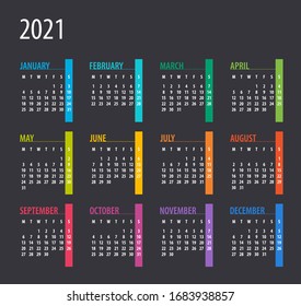 2021 Calendar - illustration. Template. Mock up. Week starts on Monday