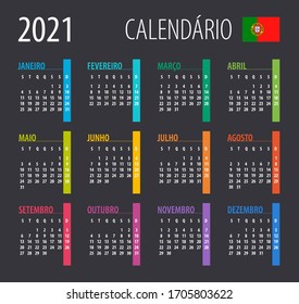 2021 Calendar - illustration. Template. Mock up Portuguese version