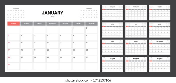 2021 Calendar - illustration. Template. Mock up Week starts Sunday