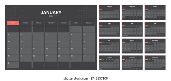 2021 Calendar - illustration. Template. Mock up Week starts Sunday