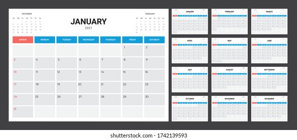 2021 Calendar - illustration. Template. Mock up Week starts Sunday