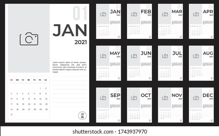 2021 Calendar - illustration. Template. Mock up Week starts Sunday