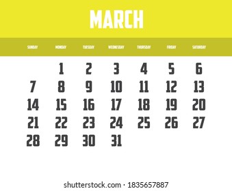 2021 Calendar Isolated on a Background for March