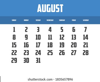 2021 Calendar Isolated on a Background for August