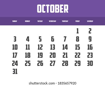 2021 Calendar Isolated on a Background for October