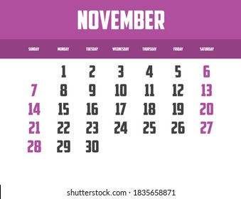 2021 Calendar Isolated on a Background for November
