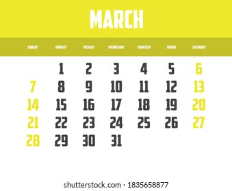 2021 Calendar Isolated on a Background for March