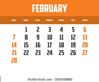 2021 Calendar Isolated on a Background for February