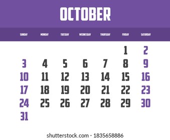 2021 Calendar Isolated on a Background for October