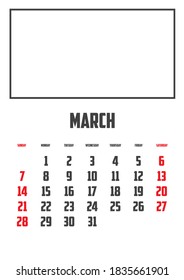 2021 Calendar Isolated on a Background for March