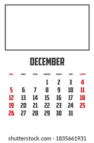 2021 Calendar Isolated on a Background for December