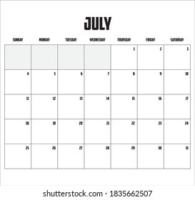 2021 Calendar Isolated on a Background for July