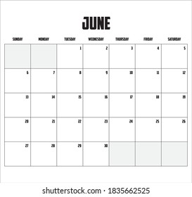 2021 Calendar Isolated on a Background for June