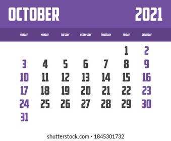 2021 Calendar Isolated on a Background October