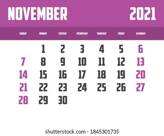2021 Calendar Isolated on a Background November