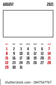 2021 Calendar Isolated on a Background August