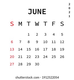 2021 calendar June month. Vector EPS 10. Isolated on white background