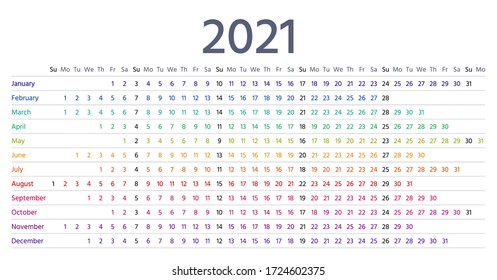 2021 calendar linear. Vector. Yearly calender planner. Schedule template 2021 year in simple style with months. Week starts Sunday. Landscape horizontal orientation, english. Isolated illustration.