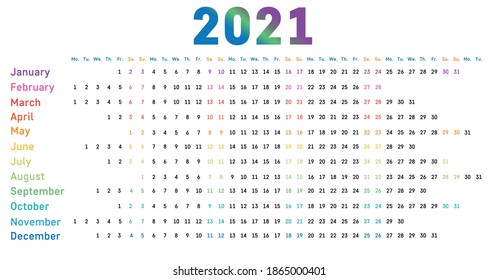 2021 calendar linear. Vector. Yearly calendar planner.
