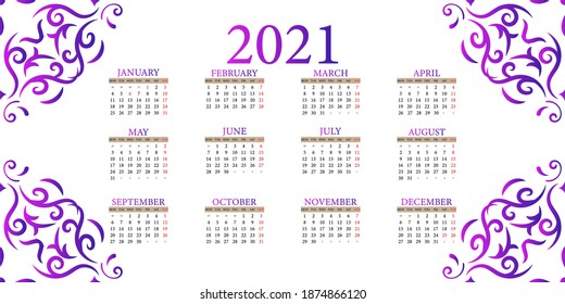 2021 calendar with mandala ornament or flower background design.