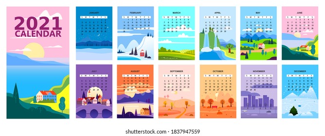 2021 Calendar minimalistic landscape natural backgrounds of four seasons. Winter wonderland, Fresh on Spring, Hot sunny day on Summer, Autumn with leaves falling. Set cartoon flat design seasons