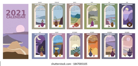 Calendario 2021 Vista minimalista de ventana paisaje paisaje de fondo natural de cuatro estaciones. Tierra maravillosa de invierno, Fresco en primavera, Día caliente soleado en verano, Otoño con hojas cayendo. Set Minimal moderno boho