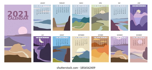 2021 Calendar minimalistic window view landscape natural backgrounds of four seasons. Winter wonderland, Fresh on Spring, Hot sunny day on Summer, Autumn with leaves falling. Set Minimal modern boho