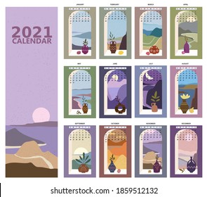 Calendario 2021 Vista minimalista de ventana paisaje paisaje de fondo natural de cuatro estaciones. Tierra maravillosa de invierno, Fresco en primavera, Día caliente soleado en verano, Otoño con hojas cayendo. Set Minimal moderno boho