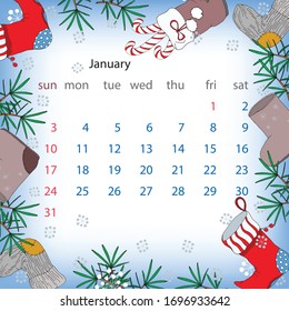 2021, calendar for the month of January, decorated with winter shoes, socks and sweets. Vector editable template.