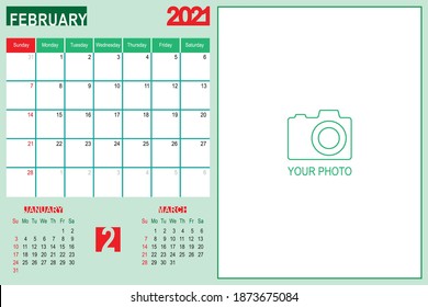 2021 Calendar Monthly Planner Design, February 2021 year vector calendar design