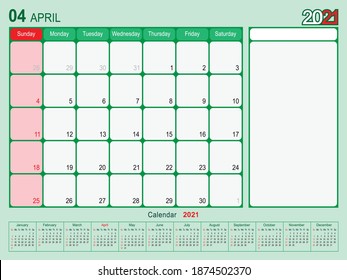 2021 Calendar Monthly Planner Design, April 2021 year vector calendar design