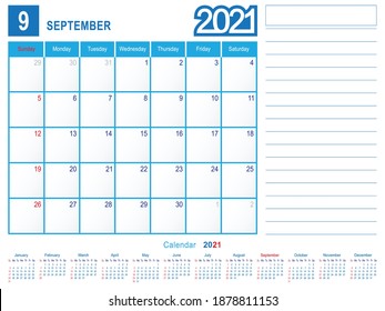2021 Calendar Monthly Planner Design, September 2021 year vector calendar design